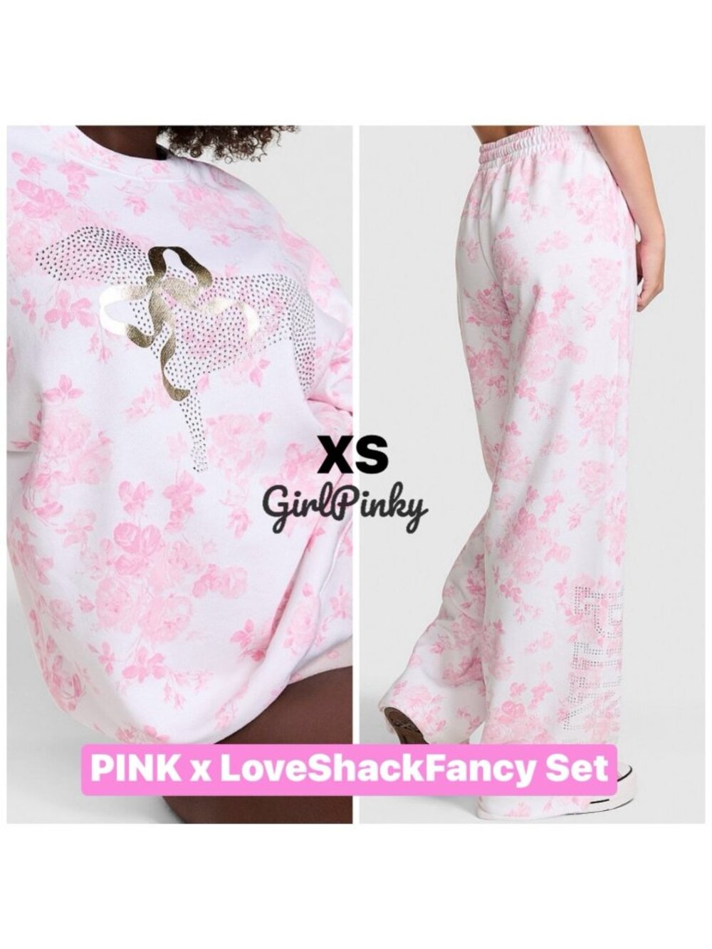 VS PINK x LoveShackFancy Wide Leg Sweatpants & Sweatshirt EVERBLOOMING WHITE XS